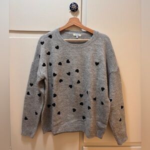 Cozy Gray Heart Embroidered Crewneck Sweater